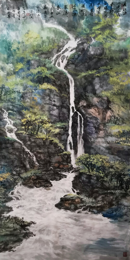盛絜作品5《春江源印象》  规格：68×136cm